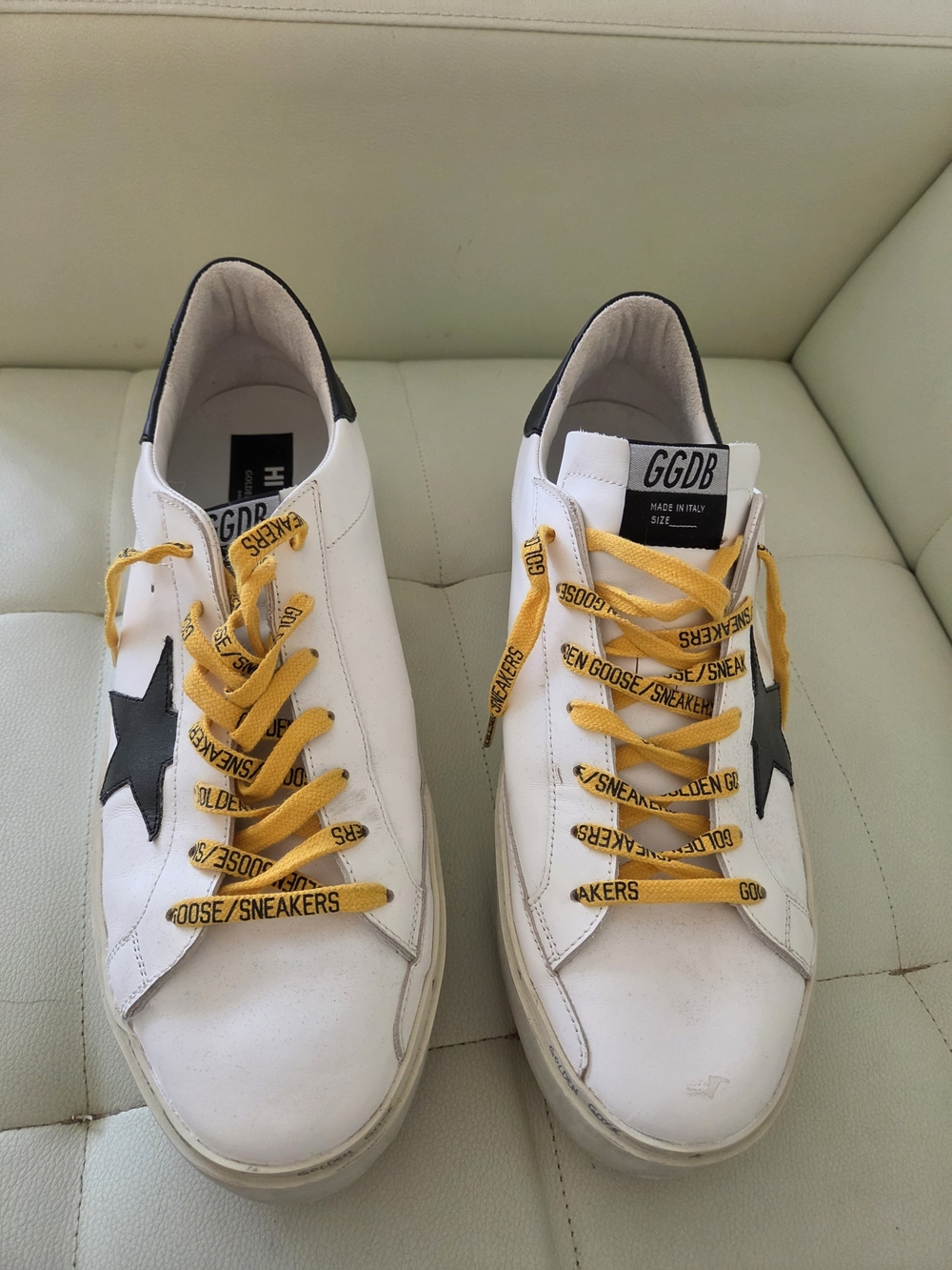 Golden Goose White Leather Sneakers with Black Tongue Label and Yellow Laces